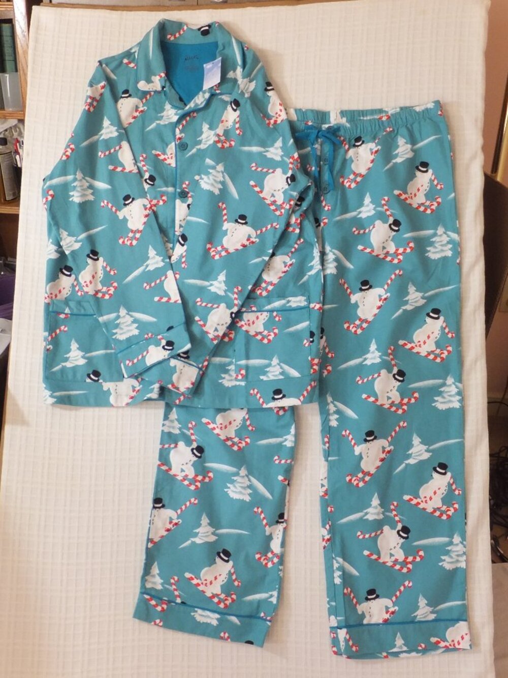 Nick & Nora Pajama Set Mens XL NWT Snowmen Aqua Parade 100% Cotton Button Up
